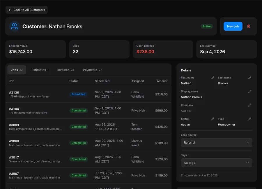 MeridianOS customer record with lifetime value, open balance, jobs, invoices, and details