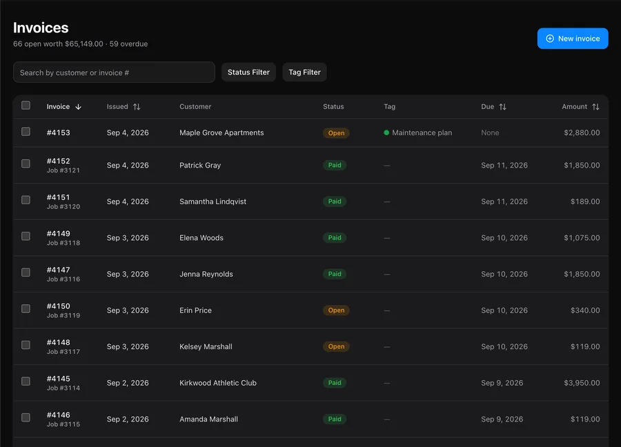 MeridianOS invoices list showing statuses, due dates, and amounts