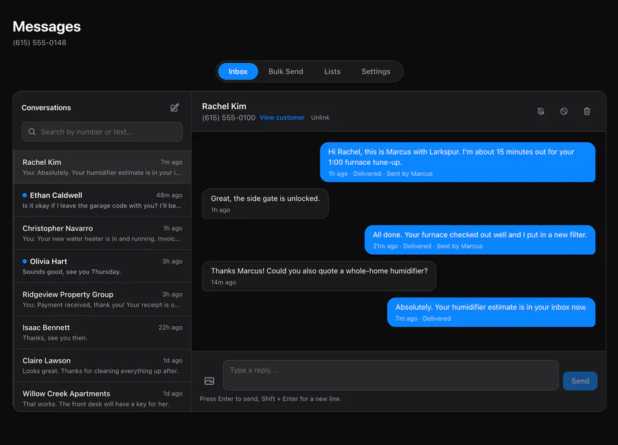 MeridianOS messages inbox with an open customer text thread and reply box