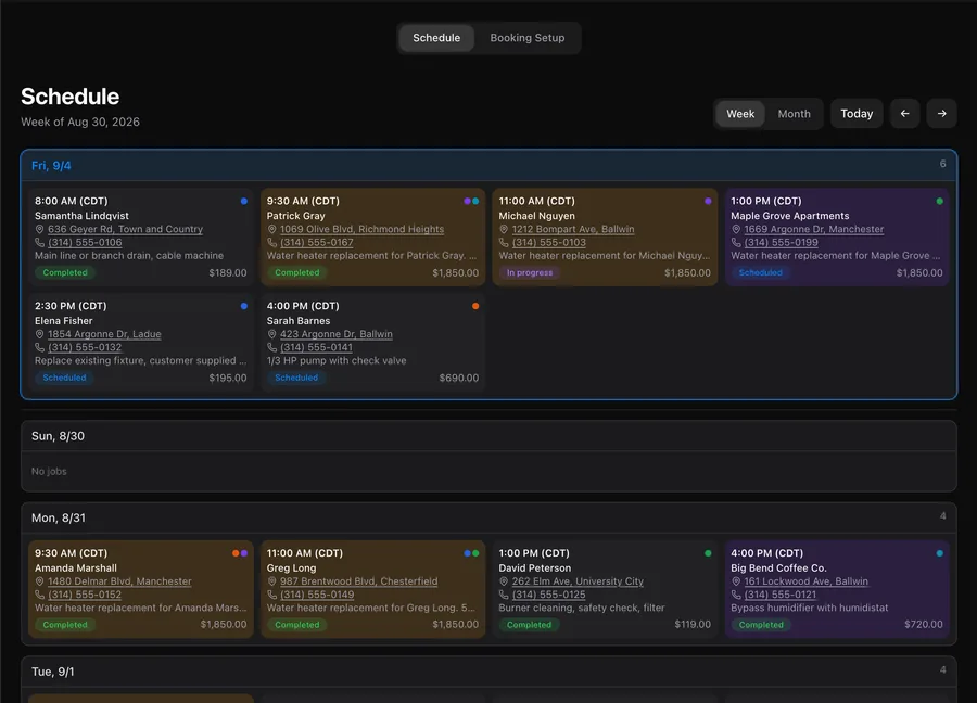 MeridianOS week schedule with color-coded job cards