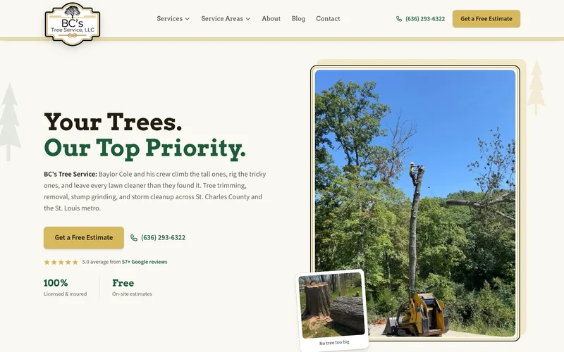 BC's Tree Service home page in a desktop browser