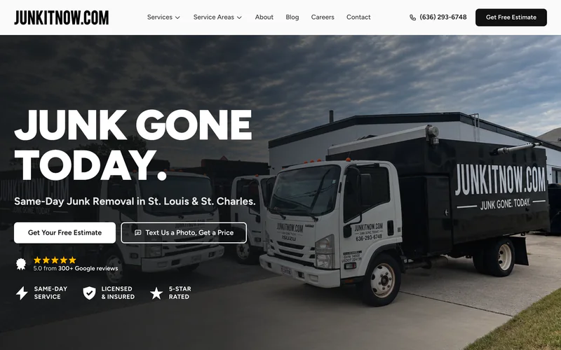 Junk It Now home page in a desktop browser