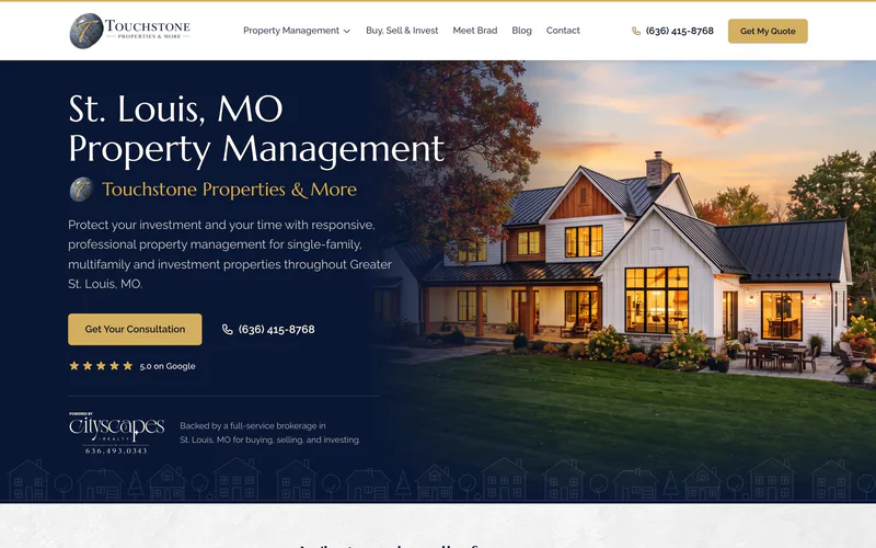 Touchstone Properties & More home page in a desktop browser